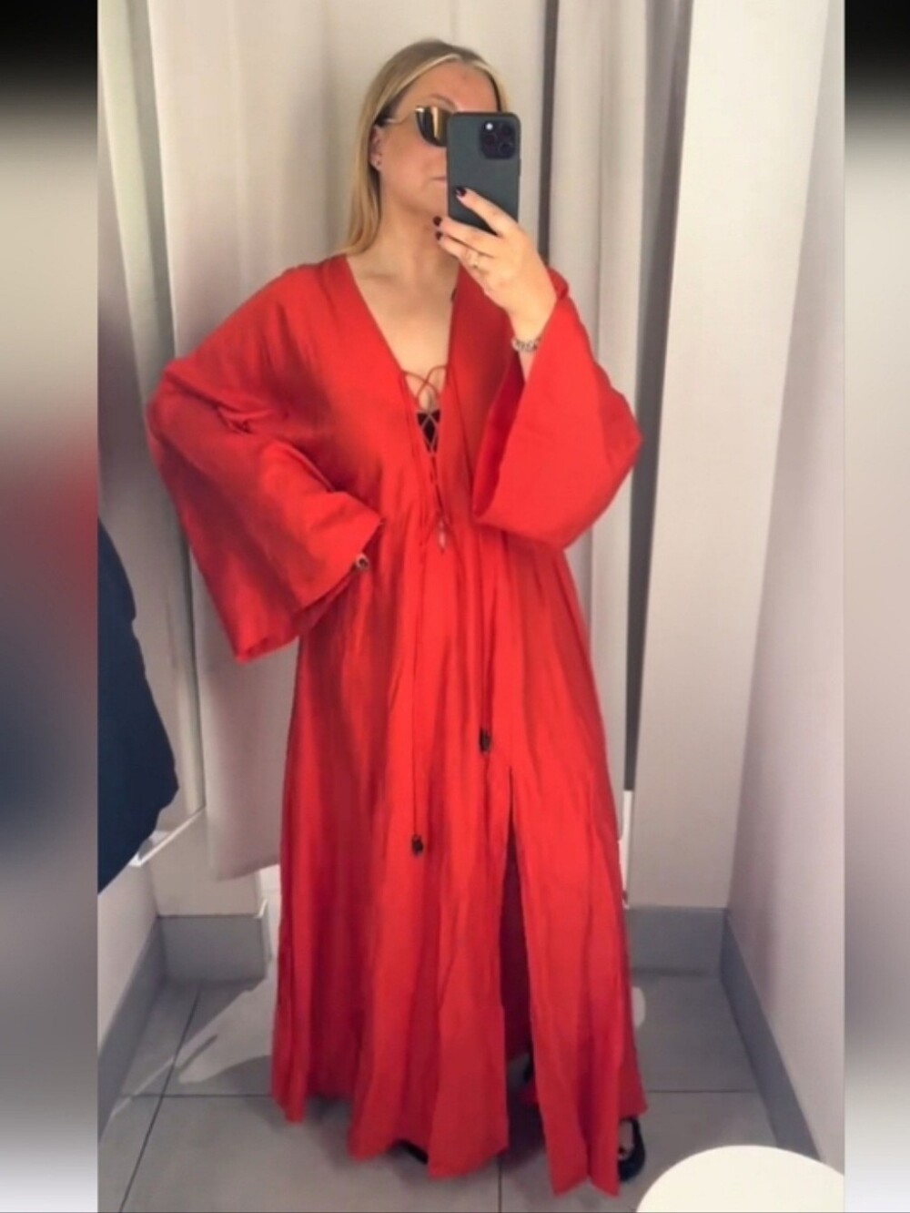 H&M Bright red Lace-up kaftan dress Size XL
